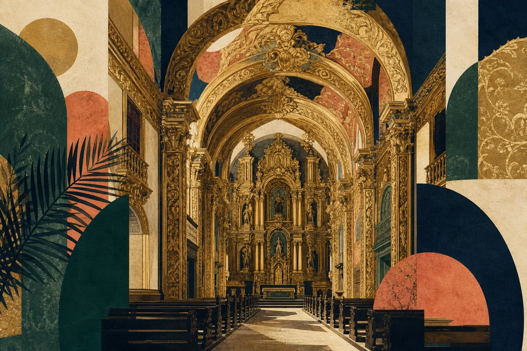 Capela Dourada e Museu Franciscano de Arte Sacra — Ilustração editorial autoral do Meu Recife — não é fotografia documental.
